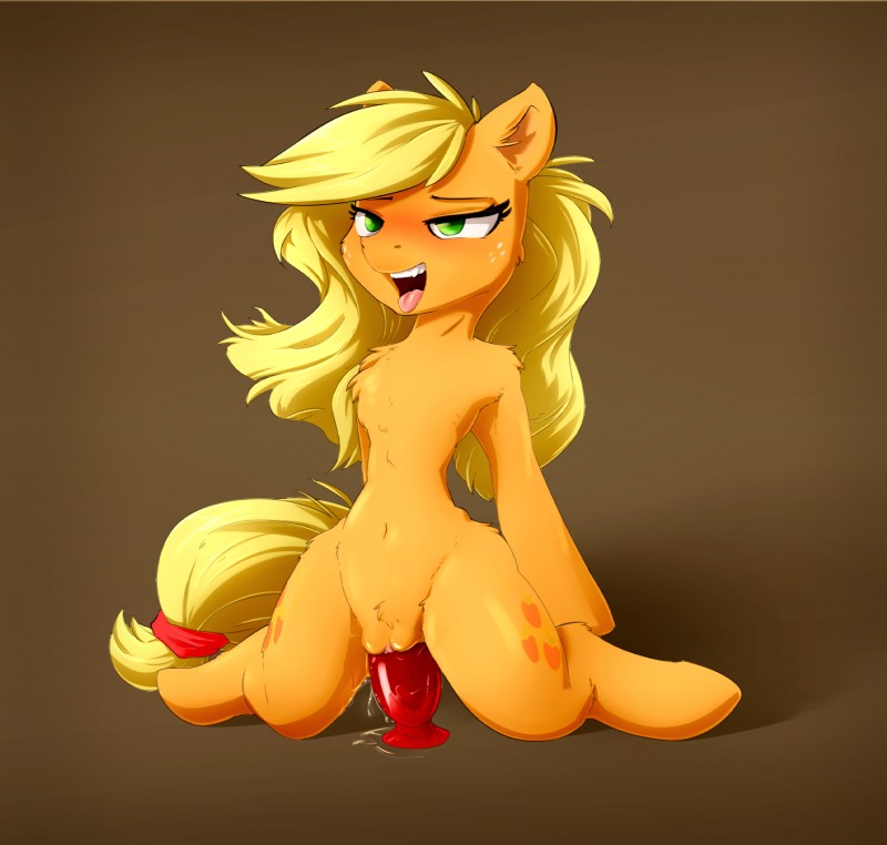 blonde_hair blush cutie_mark female feral freckles fur genitals green_eyes hair hooves long_hair open_mouth orange_body orange_fur penetration pussy sex_toy simple_background solo vaginal vaginal_penetration eto_ya friendship_is_magic hasbro my_little_pony applejack_(mlp) earth_pony equid equine horse mammal pony 2016 hi_res