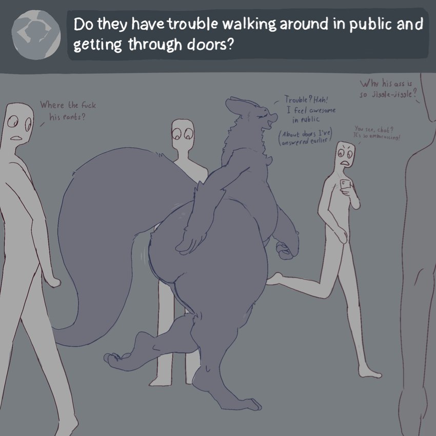 ambiguous_gender angry anthro big_butt big_tail biped black_body black_butt black_fur black_tail butt butt_jiggle dialogue digitigrade disgust electronics exclamation_point eyes_closed fur grey_background group holding_object holding_phone huge_butt jiggling looking_back looking_down motion_lines nude open_mouth phone plantigrade profanity q&a question_mark side_view simple_background standing tail taking_picture text thick_thighs tuft walking itisd9 dimitry_(itisd) ambiguous_species dimka_(itisd) humanoid 1:1 2024 english_text hi_res male_(lore)