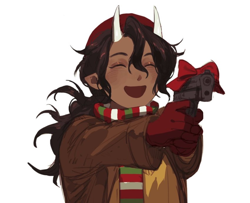 beanie blush bow_ribbon brown_hair christmas_clothing clothed clothing coat dark_body dark_skin eyes_closed female gun hair happy hat headgear headwear holding_gun holding_object holding_ranged_weapon holding_weapon holidays horn humanoid_pointy_ears long_hair not_furry open_mouth open_smile pointy_ears ranged_weapon scarf simple_background smile solo sweater topwear weapon white_background ama_a93 christmas qsmp tallulah_(qsmp) horned_humanoid humanoid 2023 reaction_image shaded young_(lore)