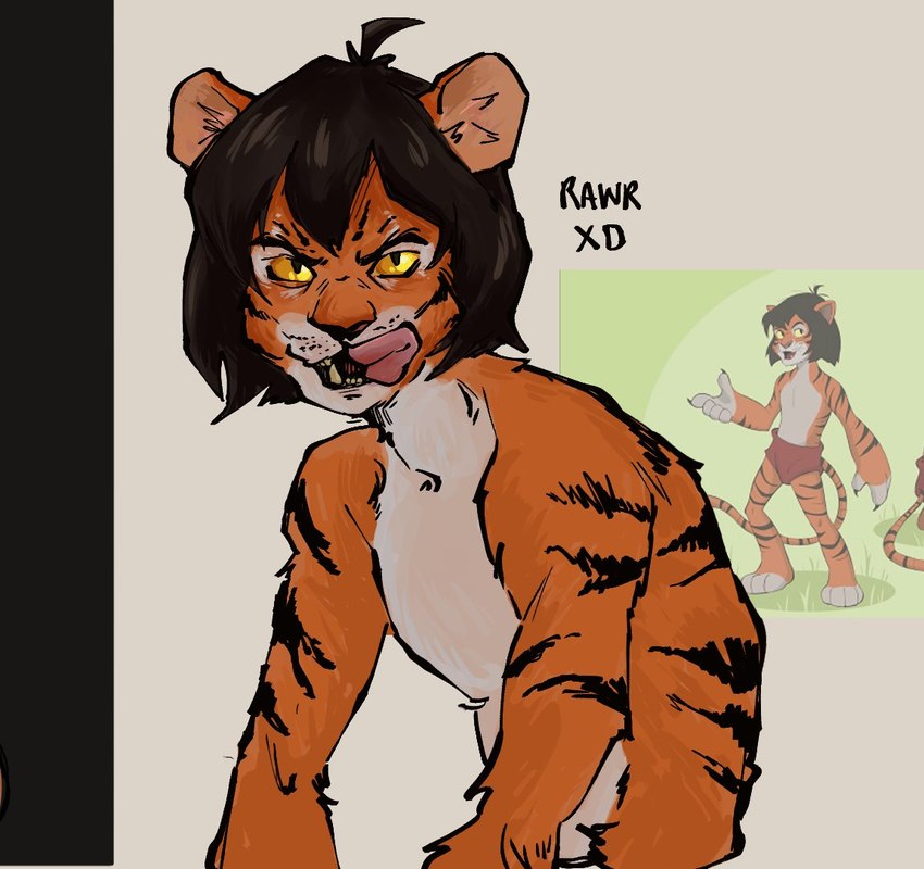 alternate_species ambiguous_gender anthro anthrofied bangs fangs fur furrification hair licking licking_lips orange_body orange_fur pupils sharp_teeth slit_pupils solo teeth tongue tongue_out drawfee frenchtm nathan_yaffe drawfee_(copyright) the_jungle_book mowgli shere_khan felid mammal pantherine tiger