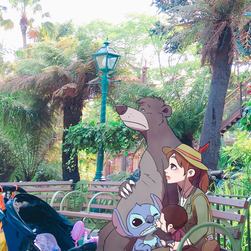 ambiguous_gender anthro bench black_eyes blue_body blue_fur blue_nose blush bored brown_eyes brown_hair canteen carrying_another chest_tuft claws clothed clothing female fur grey_body grey_fur group hair hand_on_face hat head_tuft headgear headwear neonate notched_ear one_eye_closed photo_background plant real sitting size_difference street_lamp stroller teeth tree tuft white_claws young tettyamansp disney disney_parks lilo_and_stitch the_jungle_book tokyo_disneyland baloo stitch_(lilo_and_stitch) alien bear experiment_(lilo_and_stitch) human mammal sloth_bear ursine 1:1 2018 alternate_version_at_source hi_res photography_(artwork)