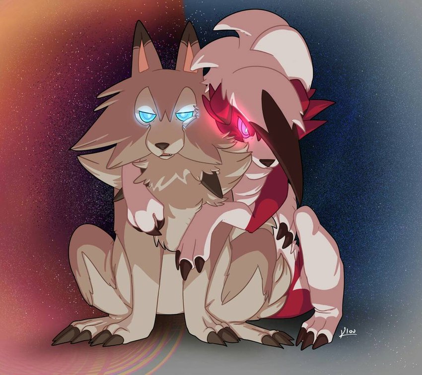 anthro black_claws black_nose blue_eyes brown_body brown_fur claws feral fur glowing glowing_eyes red_body red_eyes red_fur tuft white_body white_fur kloudraws nintendo pokemon generation_7_pokemon lycanroc midday_lycanroc midnight_lycanroc pokemon_(species) signature