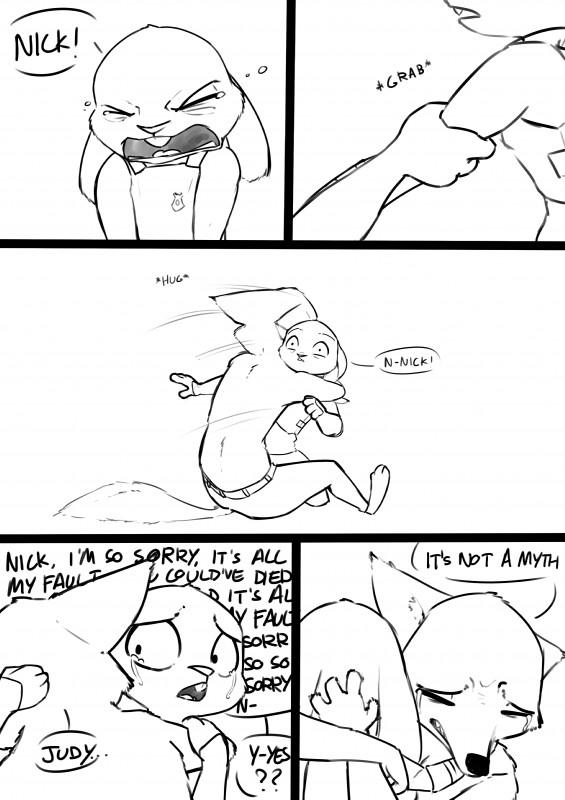 anthro bodily_fluids clothed clothing crying dialogue duo female grabbing hug long_ears male sad size_difference tears text topless alec8ter conditional_dnp disney zootopia judy_hopps nick_wilde canid canine fox lagomorph leporid mammal rabbit red_fox true_fox absurd_res black_and_white comic english_text hi_res monochrome