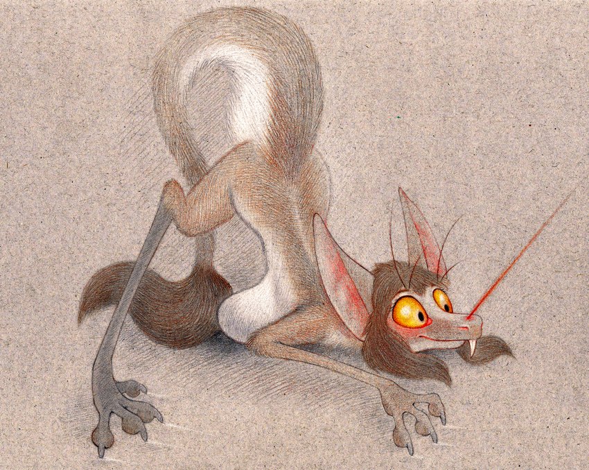 all_fours anthro ass_up big_breasts breast_rest breasts brown_hair claws female fur hair jack-o'_pose laser_pointer long_arms long_legs multicolored_body multicolored_fur nude pose side_boob simple_background solo tail tail_tuft toe_claws tuft two_tone_body two_tone_fur yellow_eyes fuchs out-of-placers kassen_akoll mammal yinglet absurd_res hi_res traditional_media_(artwork)