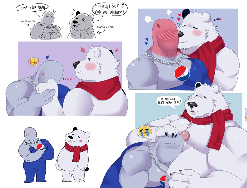 anthro belly black_nose blue_body blush dialogue duo flirting fur grey_body kissing_cheek male male/male muscular muscular_male neckwear scarf slightly_chubby speech_bubble text white_body white_fur meanookami northern_lights_(coca-cola) pepsiman_(character) bear humanoid mammal polar_bear ursine 2023 colored digital_drawing_(artwork) digital_media_(artwork) english_text hi_res multiple_images shaded