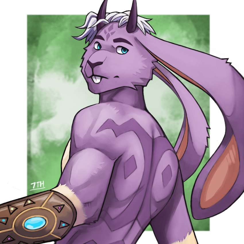 anthro border floppy_ears fur fur_markings gauntlet_(weapon) gradient_background green_background hair horn looking_back male markings purple_body purple_fur simple_background solo white_border 7theaven lagomorph leporid mammal rabbit 1:1 2022 absurd_res hi_res