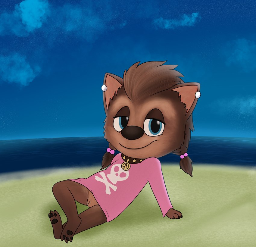 anthro bottomless brown_body brown_fur clothed clothing female fur genitals half-closed_eyes jewelry narrowed_eyes necklace pussy shirt shirt_only solo topwear topwear_only young tribaldragon hotel_transylvania mythology winnie_werewolf_(hotel_transylvania) canid canine mammal mythological_canine mythological_creature werecanid werecanine werecreature werewolf absurd_res hi_res