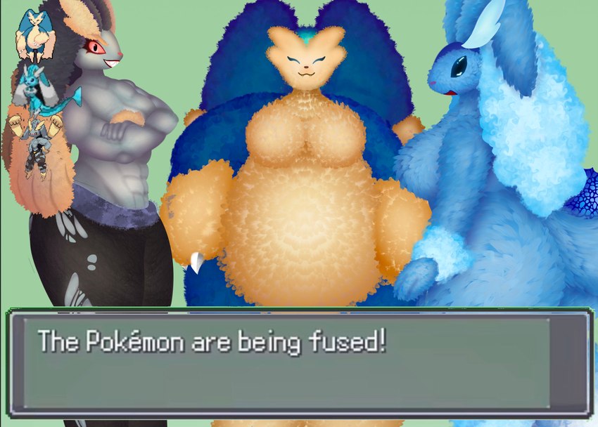 abs anthro big_breasts blue_body breasts butt eye_contact female fluffy fluffy_tail fur fusion group looking_at_another looking_at_viewer nude open_mouth overweight pokemon_fusion simple_background smile tail text trio xenolith0 nintendo pokemon pokemon_infinite_fusion fan_character snorpunny vaporunny_(japeal) eeveelution generation_1_pokemon generation_4_pokemon humanoid hybrid lopunny machamp pokemon_(species) snorlax vaporeon absurd_res digital_media_(artwork) hi_res