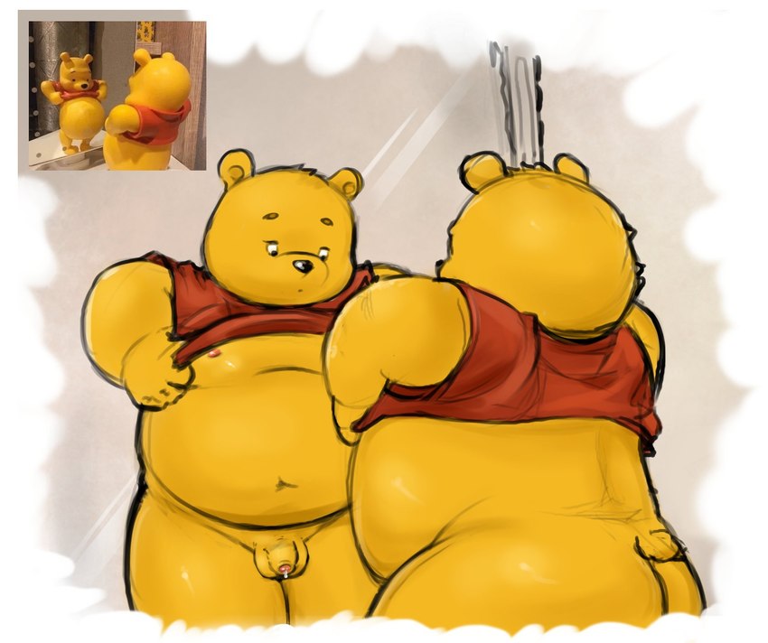 anthro balls belly bodily_fluids butt clothed clothing clothing_lift genital_fluids genitals male mirror moobs navel nipples overweight overweight_male penis precum shirt shirt_lift small_penis solo topwear yellow_body thebunslover disney winnie_the_pooh_(franchise) pooh_bear bear mammal 2024 hi_res