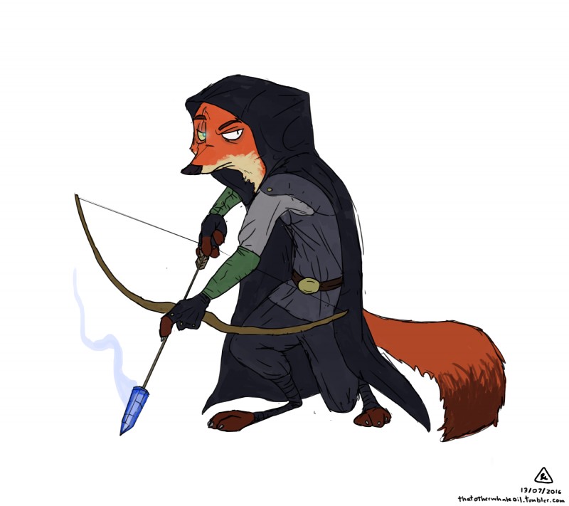 anthro arrow_(weapon) belt black_nose bow_(weapon) clothed clothing eyebrows fighting_pose fluffy fluffy_tail fully_clothed fur gloves handwear hood looking_at_viewer male multicolored_body multicolored_fur orange_body orange_fur pose raised_eyebrow ranged_weapon scar simple_background solo standing tail text weapon white_background wraps thatotherwhaleoil disney square_enix thief_(series) zootopia garrett_(thief_series) nick_wilde canid canine fox mammal red_fox true_fox 2016 absurd_res crossover english_text hi_res signature