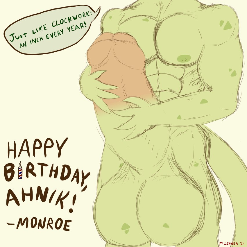 4_fingers abs anthro balls biceps big_balls big_penis birthday birthday_candle candle claws deltoids dialogue erection expansion fingers fire foreskin front_view genital_expansion genitals green_body green_scales green_skin growth huge_balls huge_penis humanoid_genitalia humanoid_penis hyper hyper_balls hyper_genitalia hyper_penis male muscular muscular_anthro muscular_male nipples nude pecs penis penis_expansion pink_body pink_skin pose scales simple_background solo speech_bubble text thick_penis monroethelizard lizard reptile scalie 1:1 2021 absurd_res colored colored_sketch digital_drawing_(artwork) digital_media_(artwork) english_text half-length_portrait hi_res pinup portrait signature sketch three-quarter_portrait