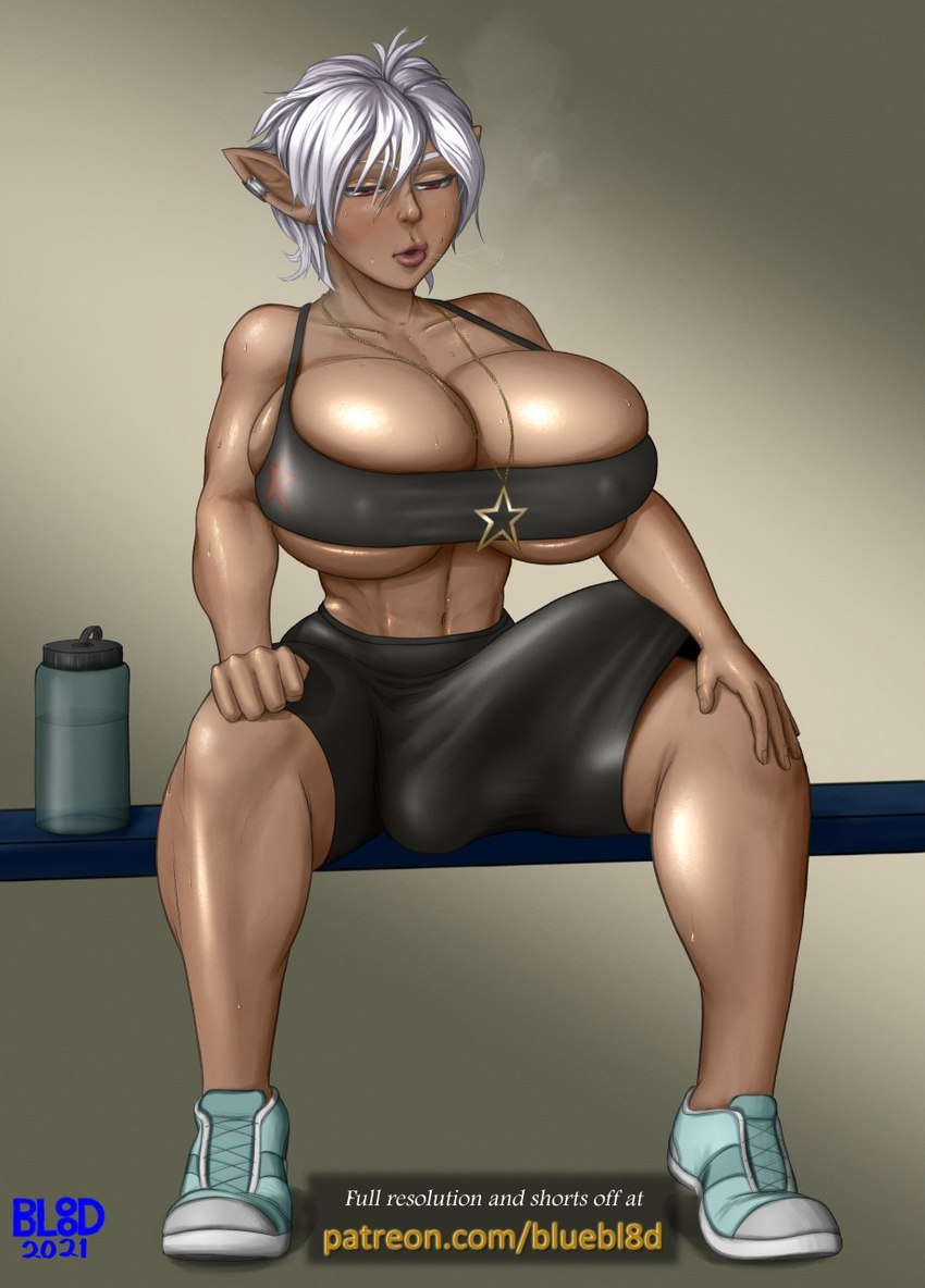 big_breasts big_bulge breasts bulge clothed clothing dark_body dark_skin erection erection_under_clothing genitals gynomorph huge_breasts huge_bulge humanoid_genitalia humanoid_pointy_ears intersex jewelry necklace pointy_ears solo spandex text tight_clothing bluebl8d elf humanoid english_text hi_res