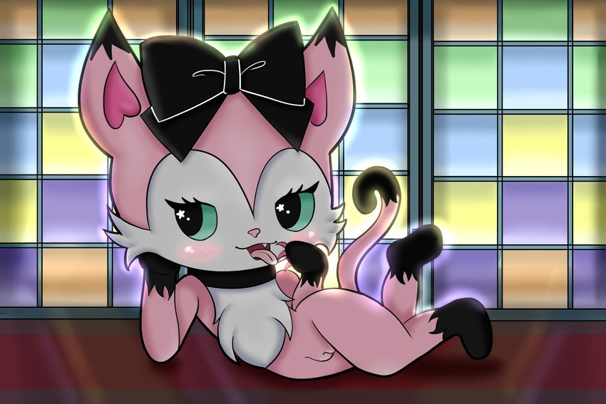 anthro bedroom_eyes blue_eyes bow_ribbon chibi claws female fur genitals licking narrowed_eyes pink_body pink_fur pose pussy seductive semi-anthro solo tongue tongue_out mirashefreak03 beatcats sanrio sega sega_fave mia_(beatcats) felid feline mammal vampire 3:2 hi_res pinup