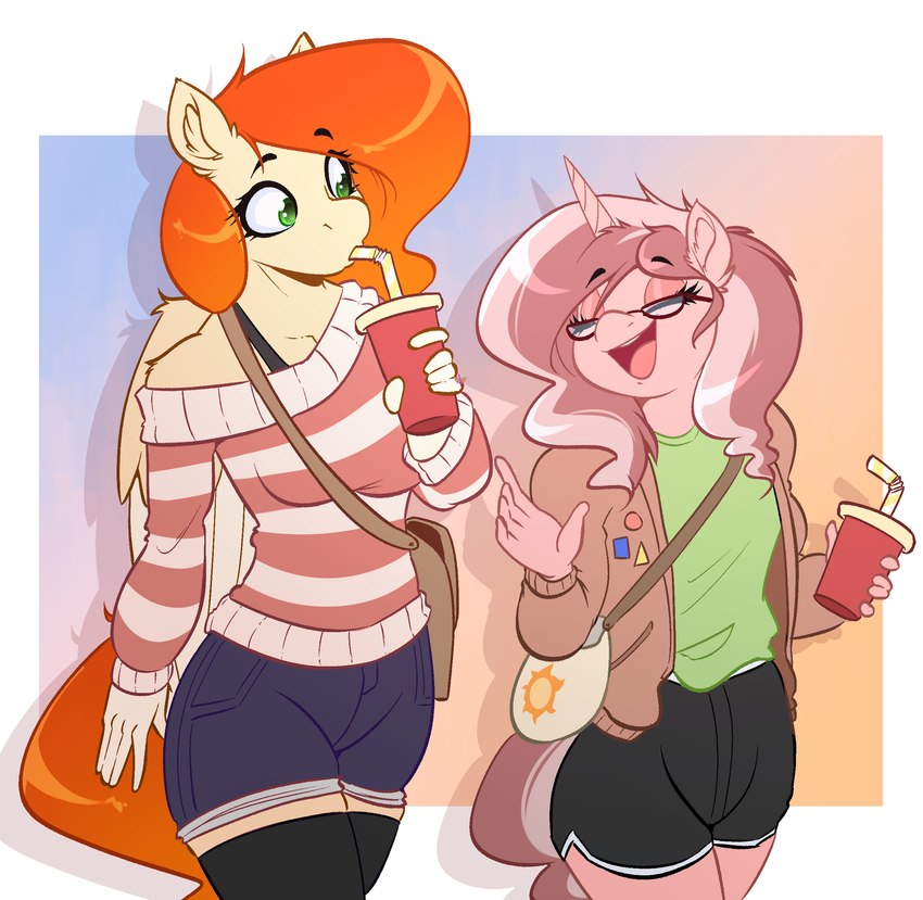 anthro clothed clothing container cup drinking drinking_straw duo eyewear female glasses handbag horn jacket open_clothing open_jacket open_topwear pattern_clothing pattern_sweater pattern_topwear purse striped_clothing striped_sweater striped_topwear stripes sweater topwear wings witchtaunter hasbro my_little_pony mythology fan_character equid equine mammal mythological_creature mythological_equine pegasus unicorn 2024 absurd_res hi_res