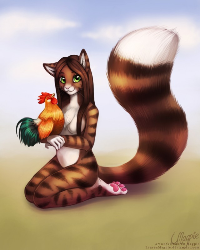 anthro bad_analogy beak breasts brown_body brown_eyes brown_fur chest_tuft domestic_pet duo featureless_breasts feet female feral fluffy fluffy_tail fur furries_with_pets green_eyes hindpaw kneeling looking_at_viewer nude paws stripes tail tuft whiskers magpie_(artist) remmmy avian bird chicken domestic_cat felid feline felis galliform gallus_(genus) mammal phasianid 4:5