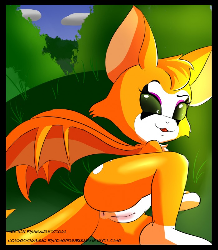 anthro anus black_border border cloud female fur genitals grass green_eyes looking_at_viewer membrane_(anatomy) membranous_wings nude open_mouth orange_body orange_fur plant pussy sky solo text tongue tree wings ikaribunbun tenshigarden dust:_an_elysian_tail fidget_(elysian_tail) bat mammal nimbat digital_media_(artwork) english_text hi_res watermark