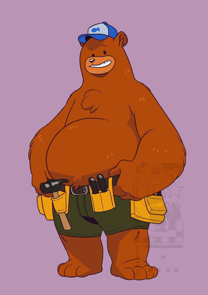 anthro belly bottomwear brown_body brown_fur clothing fur green_bottomwear green_clothing green_shorts grin hat headgear headwear male overweight overweight_male purple_background shorts simple_background smile solo tools eclipticafusion bear_and_breakfast hank_(bear_and_breakfast) bear mammal 2024 hi_res