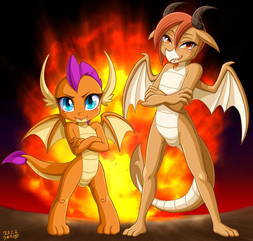 amber_eyes anthro blue_eyes brown_body brown_scales crossed_arms disguise duo explosion female horn membrane_(anatomy) membranous_wings orange_body orange_scales scales tail wings uotapo friendship_is_magic hasbro my_little_pony mythology ocellus_(dragon_form) ocellus_(mlp) smolder_(mlp) disguised_changeling dragon mythological_creature mythological_scalie scalie