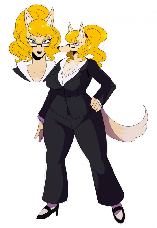 anthro big_breasts biped black_nose blonde_hair blue_eyes breasts cleavage clothed clothing collarbone eyewear female footwear frown fur glasses hair half-closed_eyes hand_on_hip high_heels multicolored_body multicolored_fur narrowed_eyes ponytail shoes simple_background solo standing suit two_tone_body two_tone_fur white_background sssonic2 leia_(sssonic2) canid canine canis domestic_dog mammal absurd_res hi_res