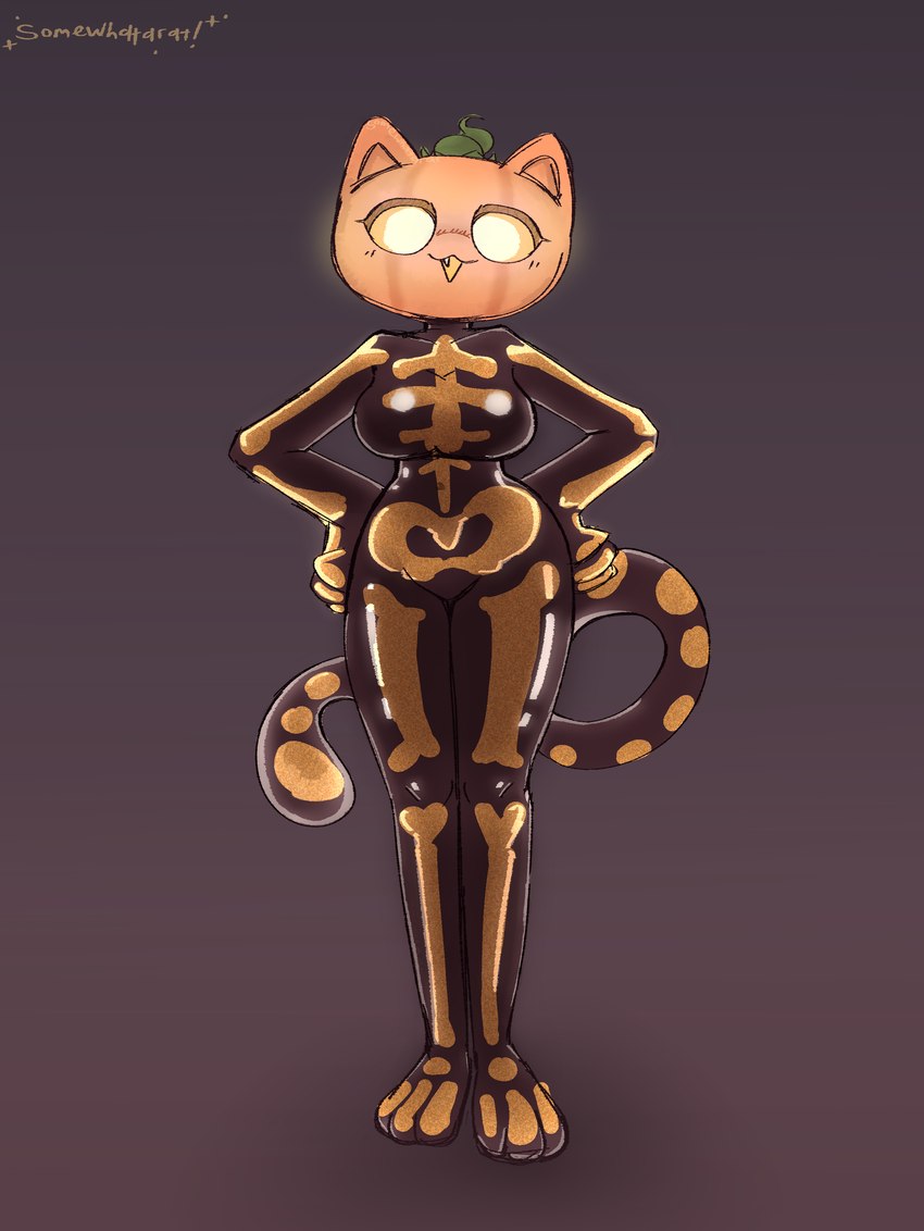 anthro bedroom_eyes bodysuit bone clothing costume female for_a_head halloween_costume hands_on_hips holidays jack-o'-lantern looking_at_viewer looking_down looking_down_at_viewer narrowed_eyes pumpkin_head seductive skeleton skinsuit solo tail thick_thighs tight_clothing somewhatarat epic_games fortnite halloween felid feline mammal object_head absurd_res character_request hi_res