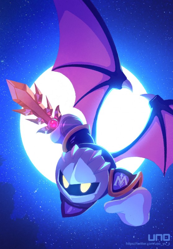 detailed_background flying galaxia_(sword) melee_weapon moon night outside seven-branched_sword sky solo star starry_sky sword weapon wings uno_yuuji kirby_(series) nintendo meta_knight waddling_head hi_res