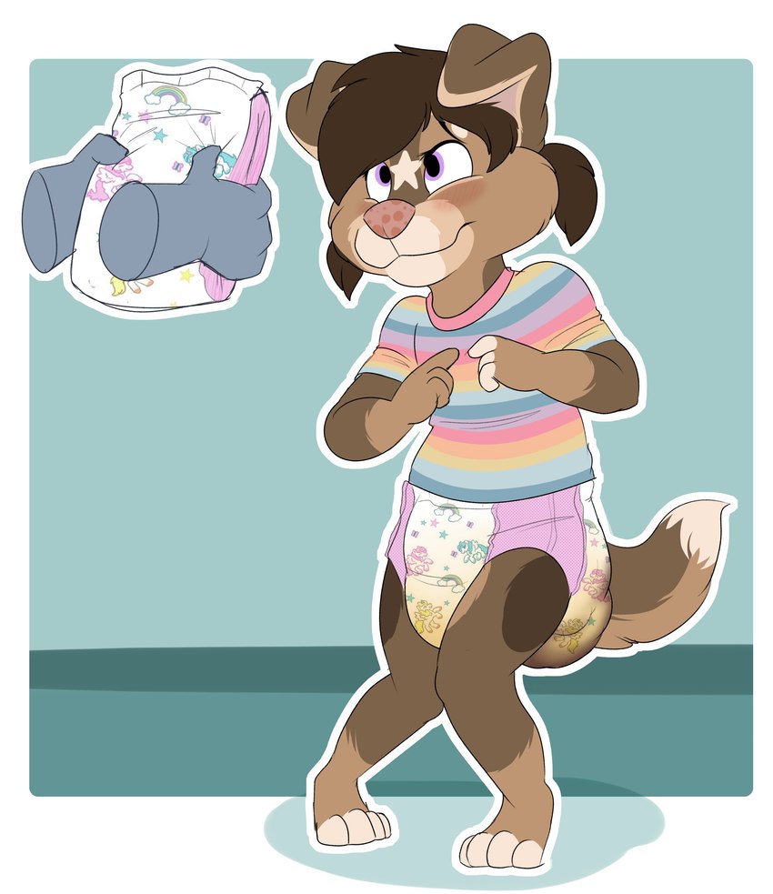 anthro blush clothed clothing diaper feces female full_diaper messy_diaper pull-ups_(diaper) soiled soiled_diaper solo tail unclean_diaper used_diaper wearing_diaper young young_anthro baltnwolf_(artist) tykables tykables_unicorns canid canine canis domestic_dog mammal absurd_res hi_res