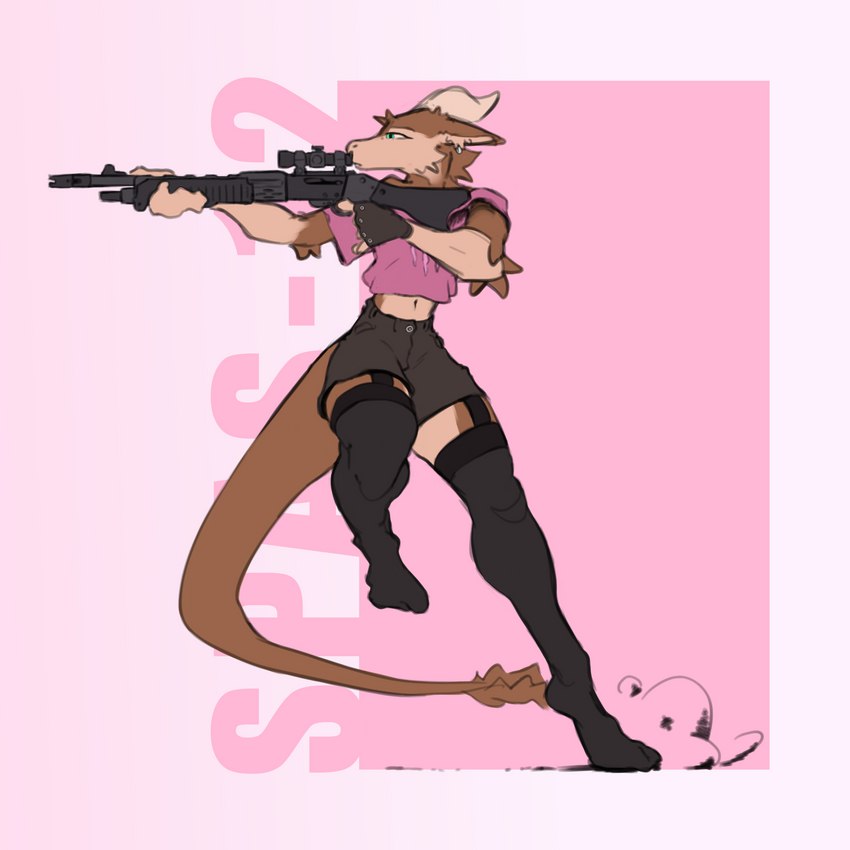 anthro bottomwear brown_body brown_fur clothing crop_top ear_piercing ear_ring femboy fur green_eyes gun legwear male piercing ranged_weapon ring_piercing shirt shorts solo spas-12 tail tail_tuft thigh_highs topwear tuft weapon andr0ch mythology reed_(andr0ch) dragon furred_dragon furred_scalie mythological_creature mythological_scalie scalie wingless_dragon 1:1 absurd_res hi_res