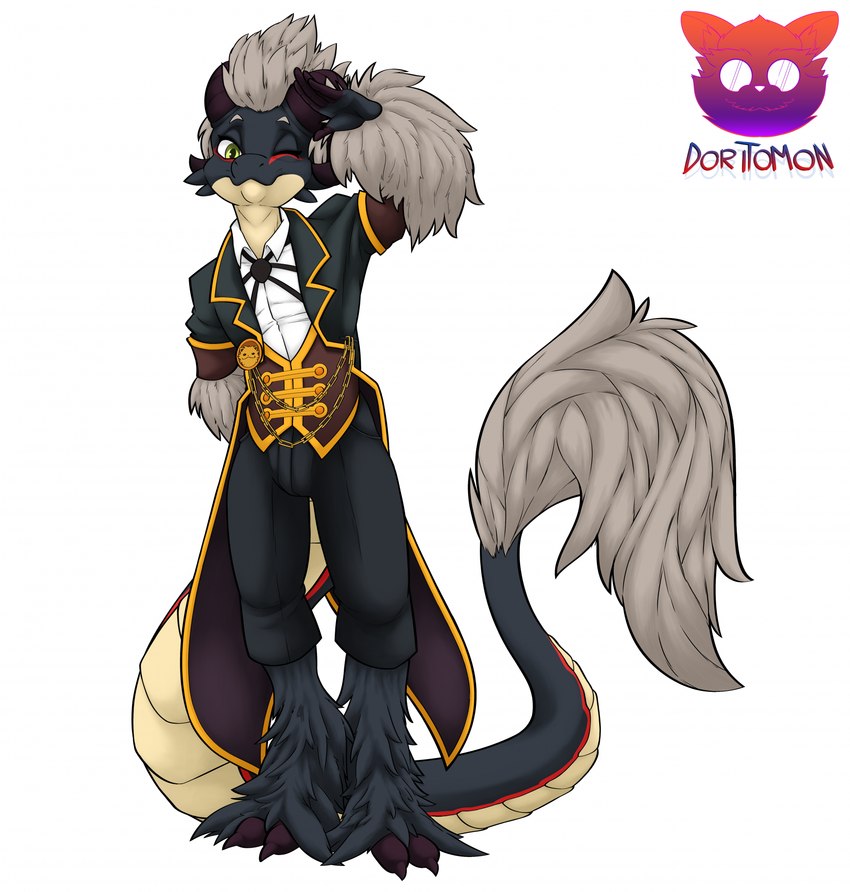 anthro biped butler clothing costume fluffy fur horn looking_at_viewer male solo suit doritomon mythology tobias_galloway dragon furred_dragon furred_scalie hybrid mythological_creature mythological_scalie scalie hi_res