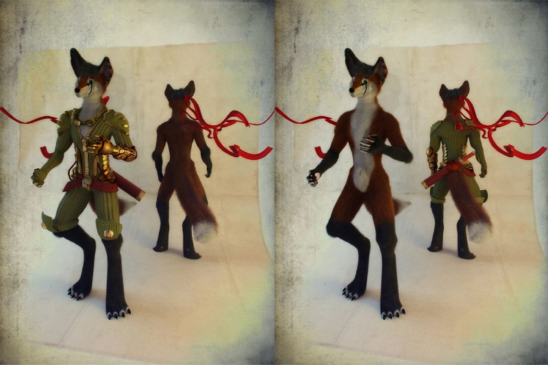 anthro armor barefoot belt black_body black_fur bodysuit brown_body brown_fur clothed clothing digitigrade dipstick_tail duo feet fur gauntlets gloves handwear male markings melee_weapon nude scabbard simple_background skinsuit standing studio sword tail tail_markings tight_clothing weapon white_body white_fur zipper pir canid canine fox mammal 2011 3d_(artwork) digital_media_(artwork) model_sheet