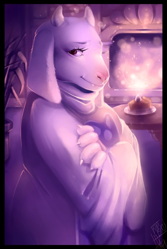 anthro biped blunt_horn claws clothing curved_horn dessert eyebrows eyelashes female fire food fur horn long_ears magic pastry pie pink_nose plant robe short_horn small_horn solo standing teeth white_body white_fur kiwi-byrd walkingmelonsaaa undertale undertale_(series) toriel boss_monster_(undertale) bovid caprine mammal 2016 absurd_res artist_collaboration digital_media_(artwork) hi_res