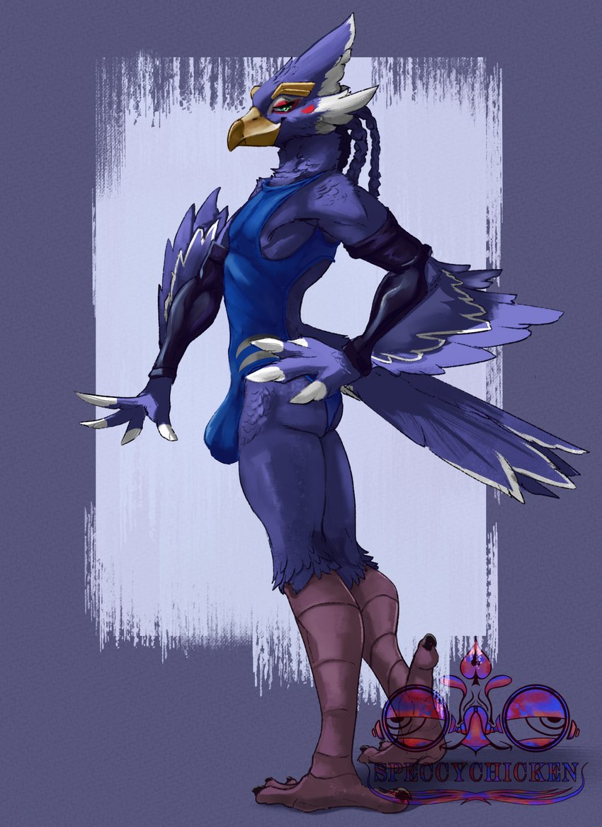 4_toes anisodactyl anthro armwear avian_feet beak blue_body blue_feathers bulge claws clothing detailed_bulge feathers feet male one-piece_swimsuit side_view smile solo standing swimwear tail tail_feathers toes speccychicken breath_of_the_wild nintendo the_legend_of_zelda revali avian bird rito hi_res