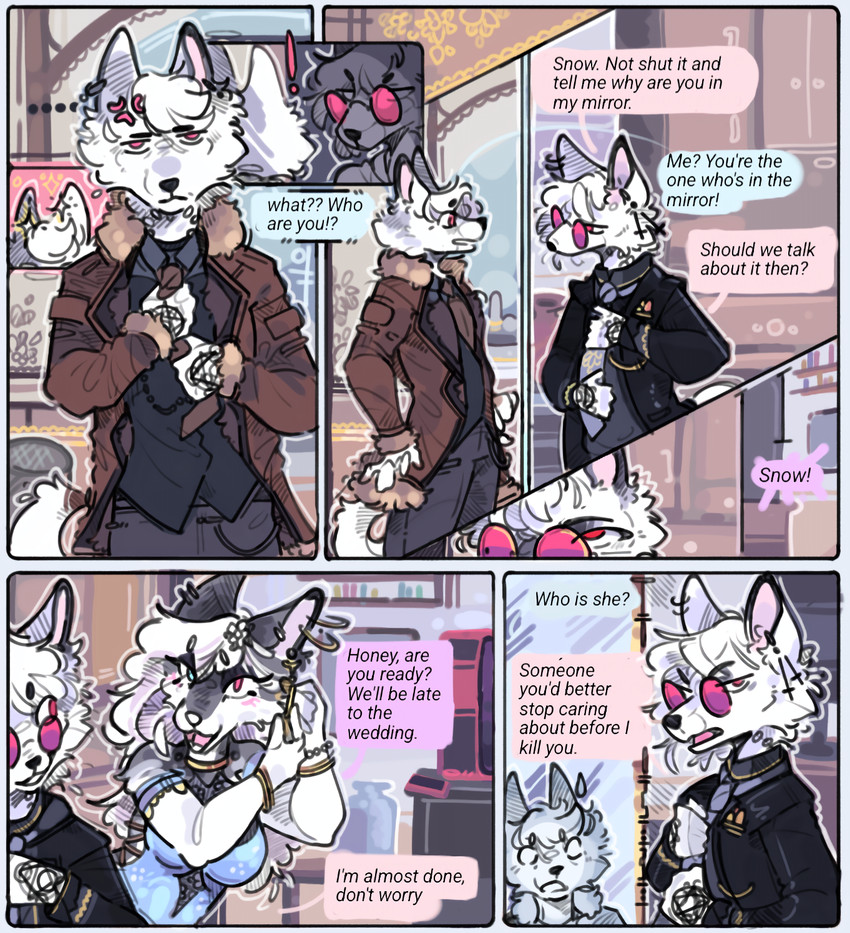 anthro breasts clothing dialogue eyewear female fur glasses group hair male piercing speech_bubble tattoo text white_body white_fur snowfoxy66 mythology liliam_(snowfoxy66) snow_(snowfoxy66) arctic_fox canid canid_demon canine demon fox hellhound mammal mythological_canine mythological_creature true_fox comic digital_media_(artwork) english_text hi_res
