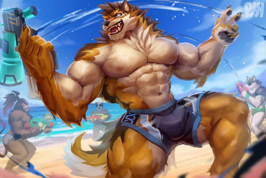 abs anthro ball beach biceps black_claws blue_clothing blue_swimming_trunks blue_swimwear bottomwear brown_body brown_fur brown_hair claws clothing cloud fangs fur group hair holding_water_gun male muscular muscular_anthro muscular_male muscular_thighs navel nipples open_mouth orange_body orange_eyes orange_fur orange_tail pecs sand sea seaside sky standing swimming_trunks swimwear tail teeth tongue tongue_out toy toy_gun tuft water water_gun white_body white_fur white_tail physen lifewonders live_a_hero barrel_(live_a_hero) goro_(live_a_hero) monomasa toshu bear canid canine canis domestic_dog felid lion mammal pantherine wolf absurd_res hi_res