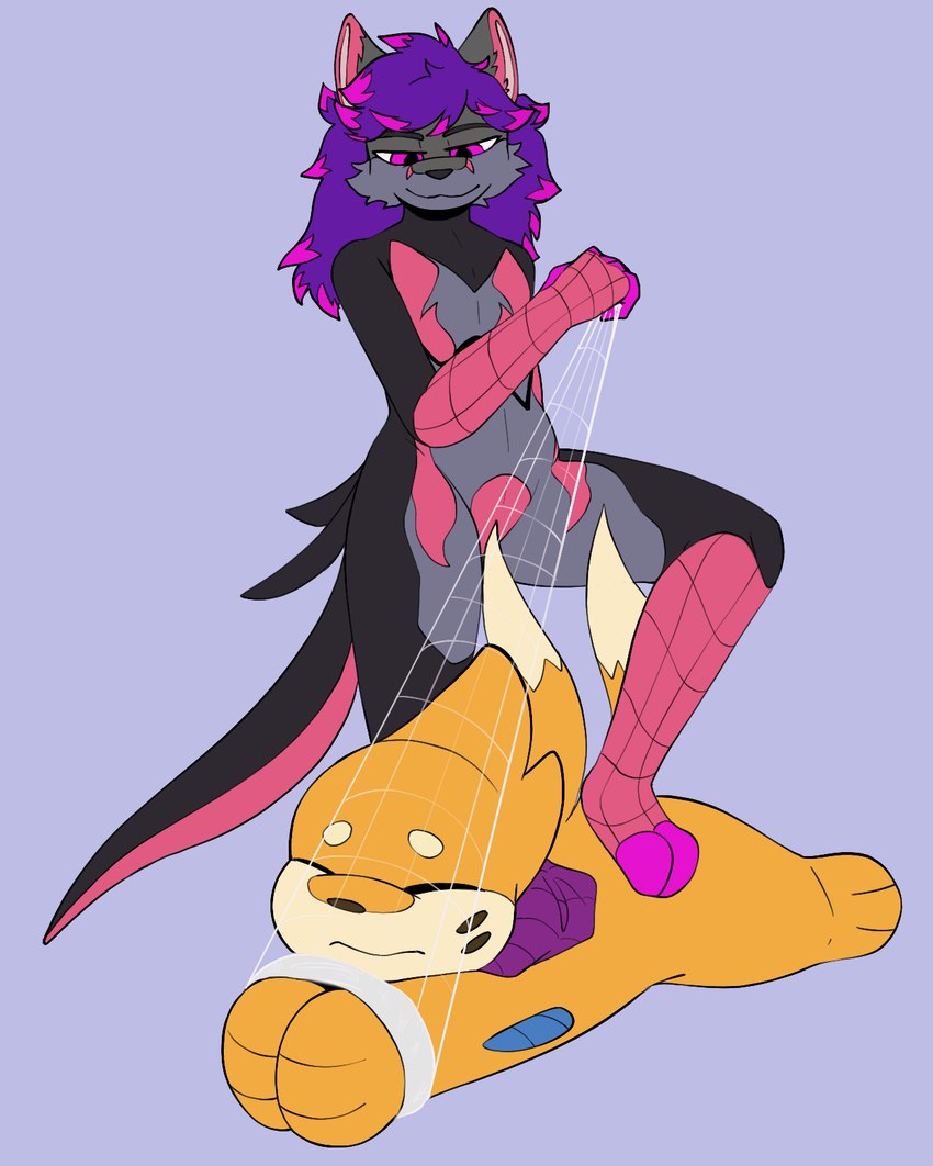 ambiguous_gender anthro bound clothing cosplay costume duo eyes_closed facial_markings fur grey_body grey_fur hair head_markings highlights_(coloring) markings multicolored_body multicolored_fur multicolored_hair multicolored_tail orange_body orange_fur orange_tail pink_body pink_eyes pink_fur pink_highlights pokemon_costume purple_hair ribbons scarf skinsuit spider-man_suit stepped_on superhero_costume symbol tail tan_body tan_fur tan_tail tight_clothing wrists_together queenrupti marvel nintendo pokemon spider-man_(series) ashe_infinity buizel canid canine fox generation_4_pokemon generation_7_pokemon mammal pokemon_(species) salazzle hi_res