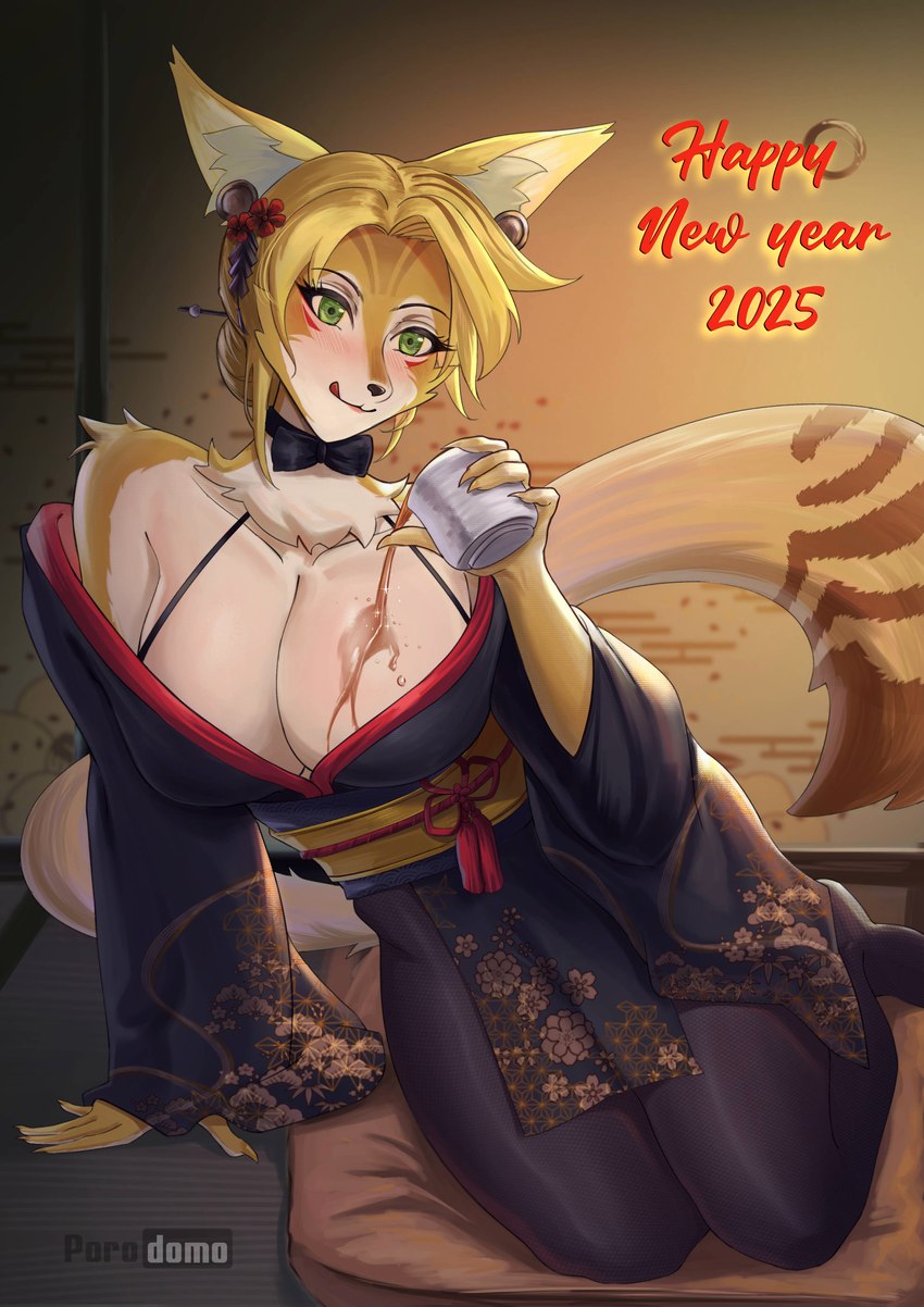 accessory alcohol anthro asian_clothing beverage big_breasts blush breasts cat_tail cleavage clothed clothing east_asian_clothing female fur green_eyes hair_accessory holidays japanese_clothing licking licking_lips pouring_onto_self ribbons solo tongue white_body white_fur yellow_body yellow_fur yukata porodomo mihoyo new_year zenless_zone_zero pulchra_(zenless_zone_zero) felid feline mammal absurd_res hi_res