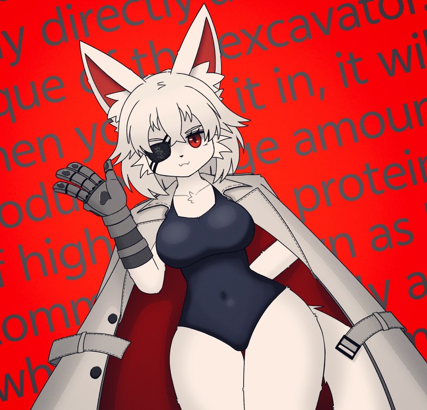 anthro clothing eyewear female fur hair kemono one-piece_swimsuit prosthetic prosthetic_arm prosthetic_limb red_eyes school_swimsuit solo standing swimwear text white_body white_fur white_hair windbreaker kemonoyao canid canine fox mammal chinese_text english_text hi_res