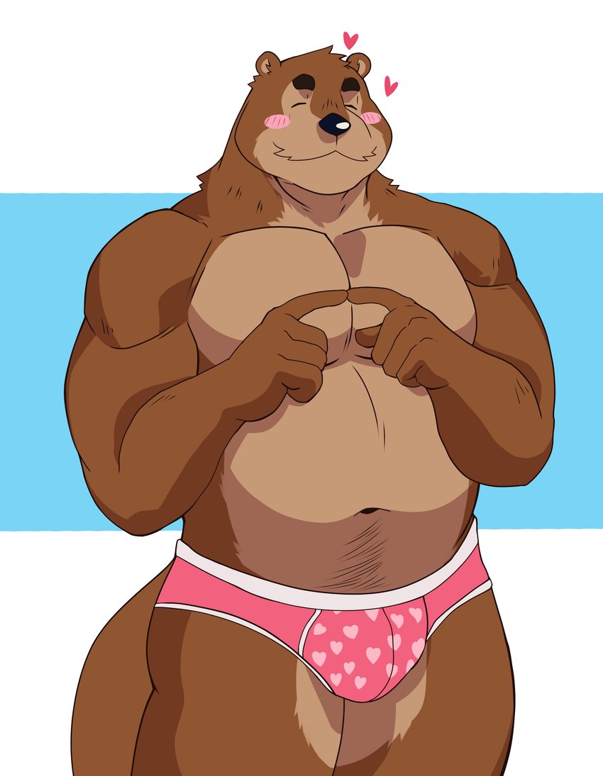 anthro belly black_nose blush bulge clothing eyes_closed heart_symbol humanoid_hands male musclegut muscular navel simple_background solo underwear naikuma mammal mustelid otter 2021 absurd_res hi_res