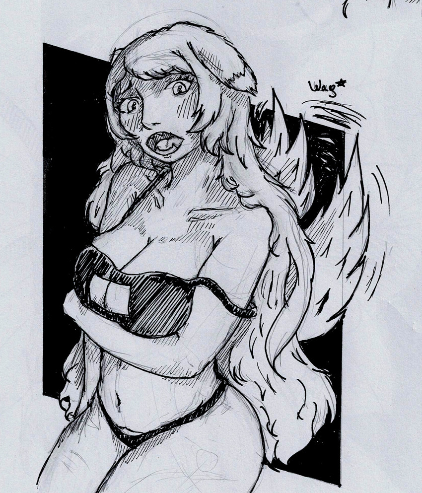 anthro bra breasts cleavage clothed clothing fangs female kneeling navel open_mouth panties solo tail tail_motion tailwag teeth underwear sudo.vinksury inktober pursena_adoldia animal_humanoid canid canid_humanoid canine canine_humanoid humanoid mammal mammal_humanoid 2025 hi_res monochrome pen_(artwork) sketch traditional_media_(artwork)