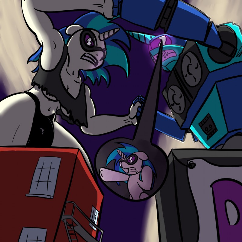 anthro anthrofied breasts bulge duo female feral gynomorph horn intersex machine macro mecha what full_stop friendship_is_magic hasbro my_little_pony mythology dj_acid vinyl_scratch_(mlp) equid equine mammal mythological_creature mythological_equine unicorn 1:1 hi_res