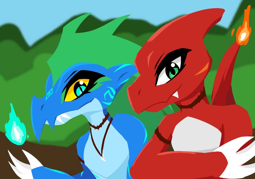 blue_body claws duo fangs fire green_eyes jewelry male markings necklace pupils red_body slit_pupils smile smiling_at_viewer teeth shadowsoulful nintendo pokemon kalil_(shadowsoulful) zethe_(shadowsoulful) charmeleon generation_1_pokemon kobold pokemon_(species) reptile scalie bust_portrait hi_res lineless portrait