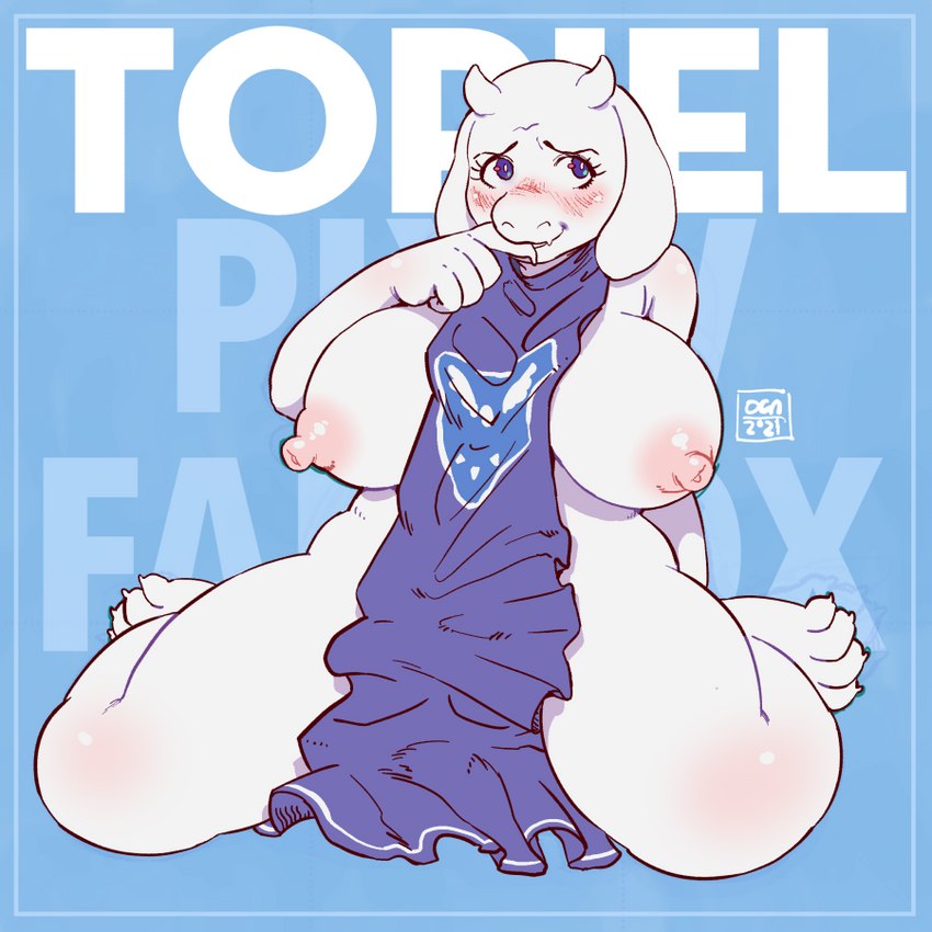 anthro big_breasts big_nipples blush breasts clothing erect_nipples female hand_to_face horn nipples sitting solo tabard tabard_only text thick_thighs oca undertale undertale_(series) toriel boss_monster_(undertale) bovid caprine goat mammal 1:1 english_text