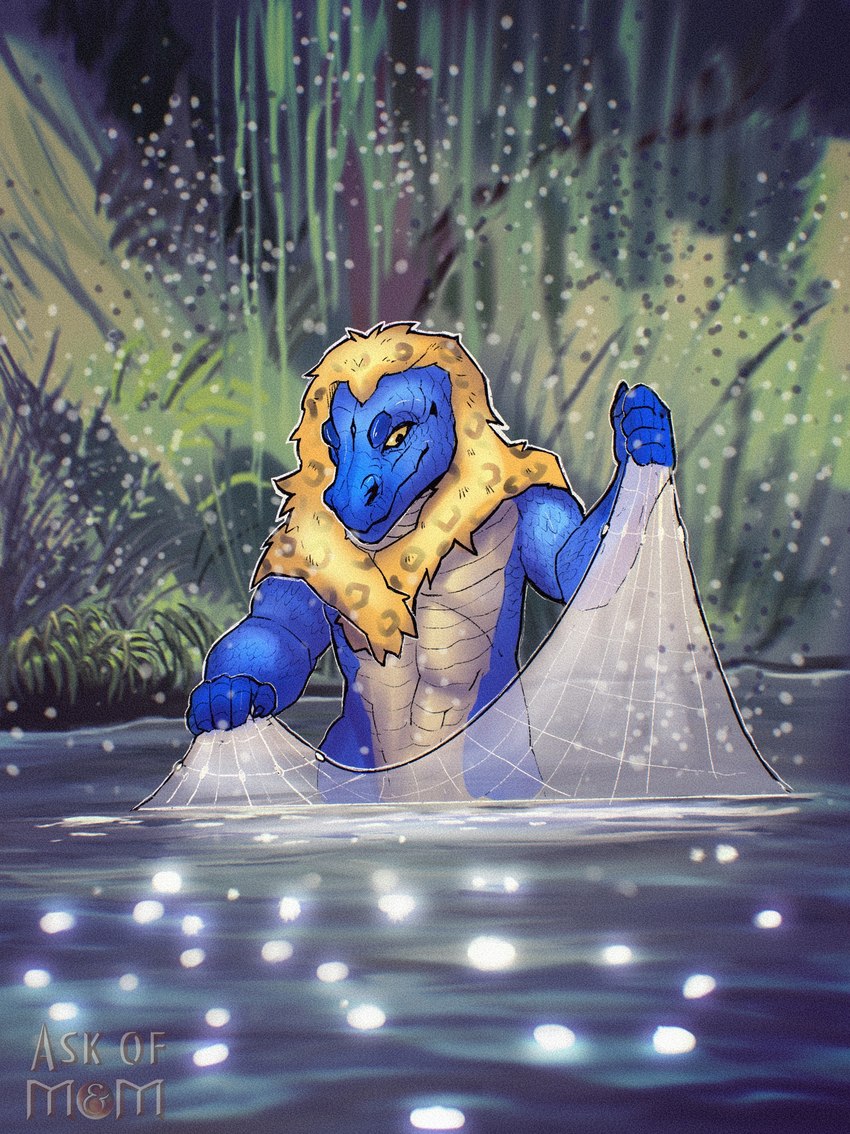 anthro beautiful_background blue_body blue_scales cape clothing fishing fishing_net forest fur_cape fur_cloak fur_clothing light male mostly_nude_male net partially_submerged plant reeds scales solo sticks swamp tree water ponynok heroes_of_might_and_magic_3 broghild_(homm) scalie digital_drawing_(artwork) digital_media_(artwork) hi_res lighting