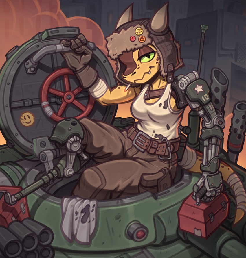 anthro belt bottomwear breasts brown_eyelids cigarette clothing collarbone female gloves green_eyes handwear hat headgear headwear horn pants prosthetic prosthetic_arm prosthetic_leg prosthetic_limb shirt solo sticker tank tank_top toolbox topwear vehicle yellow_body goobone kobold scalie hi_res