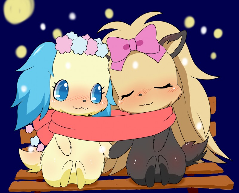 :3 accessory bench blue_eyes blush bow_(feature) bow_accessory bow_ribbon centered_hair_bow duo eyelashes eyes_closed female female/female feral floppy_ears front_view fur hair_accessory hair_bow hair_ribbon hand_holding looking_aside looking_at_another lop_ears moon night on_bench outside ribbons scarf sharing_clothing sharing_scarf toony juerupoteto jewelpet sanrio sega sega_fave sapphie_(jewelpet) topaz_(jewelpet) bird_dog canid canine canis cavalier_king_charles_spaniel domestic_dog hunting_dog mammal spaniel terrier toy_dog yorkshire_terrier absurd_res hi_res