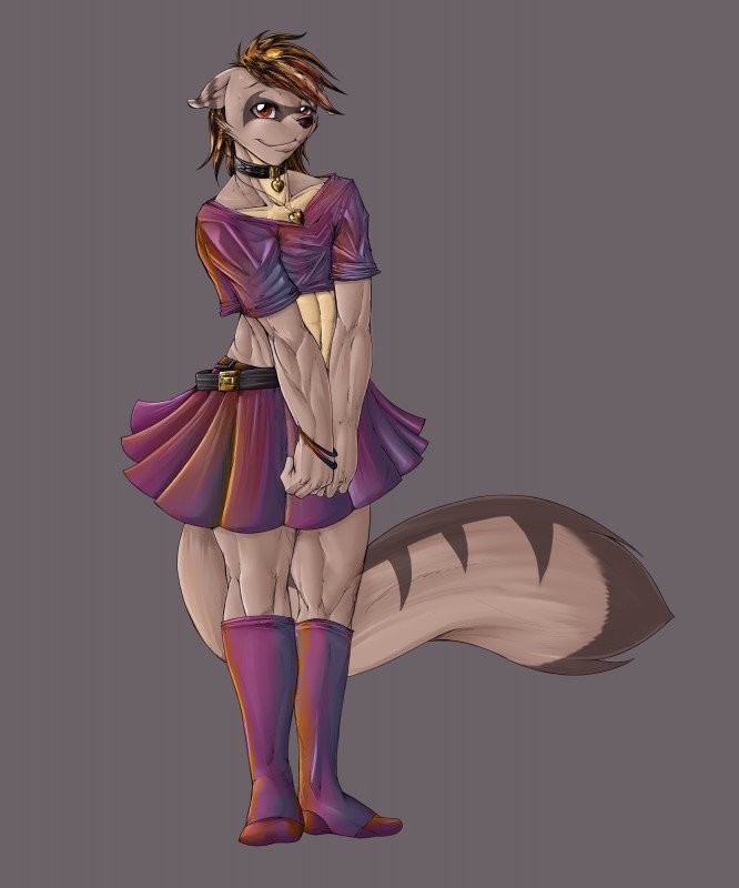 anthro choker clothed clothing collar crossdressing femboy fluffy fluffy_tail footwear jewelry legwear looking_at_viewer male manly midriff necklace red_eyes simple_background socks solo tail lunamoth tealmarket hybrid mammal mephitid procyonid raccoon skunk 5:6 absurd_res hi_res