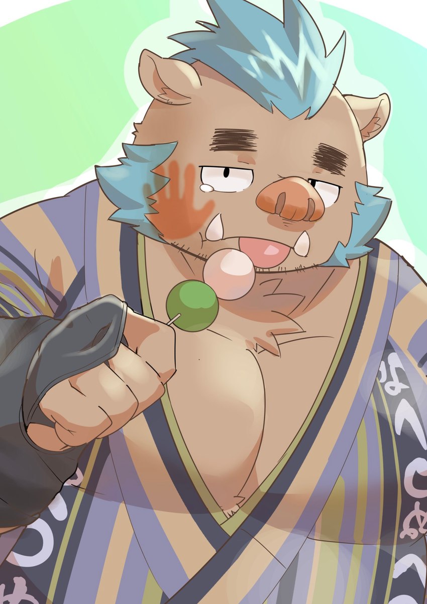 anthro asian_clothing bodily_fluids clothing east_asian_clothing food japanese_clothing kemono male overweight overweight_male simple_background solo tears tongue tongue_out amidasuke lifewonders tokyo_afterschool_summoners ganglie_(tas) mammal suid suine sus_(pig) wild_boar 2023 hi_res