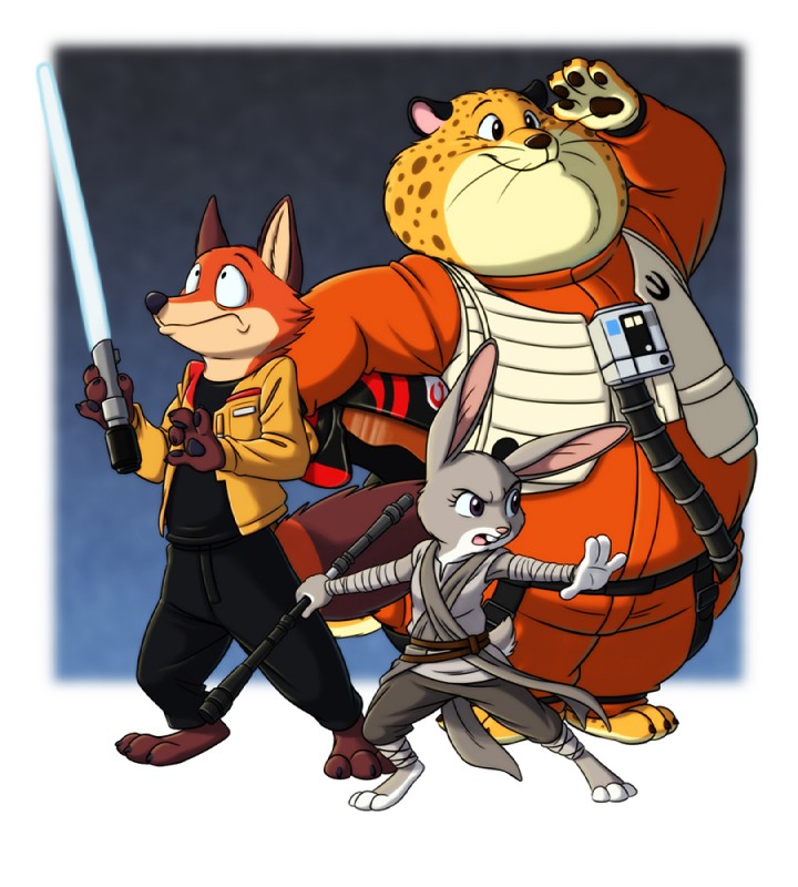 3_toes 4_fingers anthro arm_wraps black_nose black_pawpads blue_lightsaber border breasts clothing countershading feet female fingers front_view frown fur gesture grey_body grey_fur grey_tail group holding_object holding_weapon jacket lightsaber long_ears male medium_breasts melee_weapon obese orange_body orange_clothing orange_fur orange_jacket orange_jumpsuit orange_topwear overweight overweight_male pawpads rebel_starbird salute shirt size_difference smile snout staff tail toes topwear trio tunic weapon whiskers white_border wishbone_mouth wraps pokelai disney star_wars zootopia benjamin_clawhauser finn_(star_wars) judy_hopps nick_wilde poe_dameron rey_(star_wars) canid canine cheetah felid feline fox lagomorph leporid mammal rabbit red_fox true_fox crossover