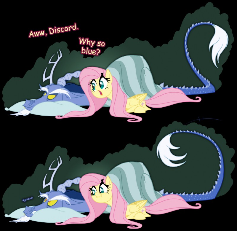 annoyed antlers bedding blanket blue_eyes cutie_mark duo fangs feathered_wings feathers female fur hair horn humor ill lying male open_mouth pillow pink_hair pun red_eyes simple_background teeth transparent_background wings yellow_body yellow_feathers yellow_fur grievousfan friendship_is_magic hasbro my_little_pony mythology discord_(mlp) fluttershy_(mlp) chimera draconequus equid equine mammal mythological_creature mythological_equine pegasus 2014 alpha_channel hi_res