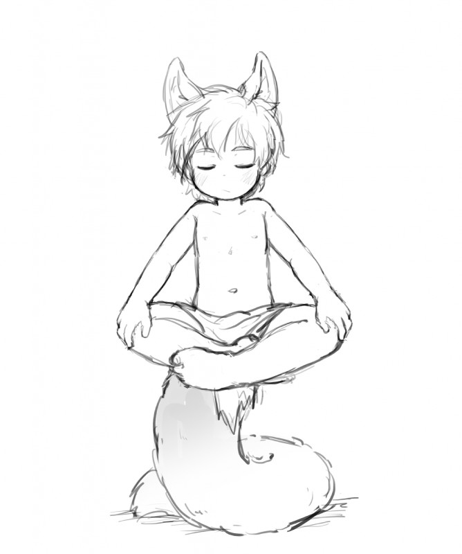 clothed clothing crosslegged_pose male meditation navel simple_background solo topless white_background young bokustar_fox animal_humanoid canid canid_humanoid canine canine_humanoid fox_humanoid humanoid mammal mammal_humanoid 2018 hi_res monochrome sketch