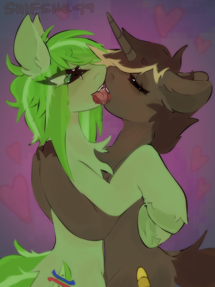 brown_body brown_hair chest_to_chest cutie_mark duo ears_down eyes_closed female female/female feral french_kissing fur green_body green_eyes green_hair hair half-closed_eyes heart_symbol hooves horn hug hugging_another hugging_belly kiss_on_lips kissing looking_at_another looking_at_partner making_out narrowed_eyes nose_to_nose pink_tongue pivoted_ears purple_background red_tongue simple_background tongue tongue_out tongue_twister shieshuqqq hasbro my_little_pony mythology fan_character earth_pony equid equine horse mammal mythological_creature mythological_equine pony unicorn absurd_res hi_res